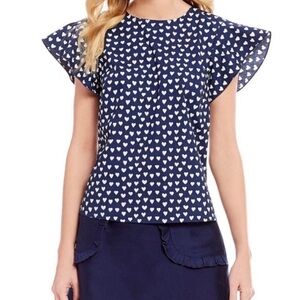 Draper James Blue White Hearts Cloister Blouse Size 8 Flutter Sleeves